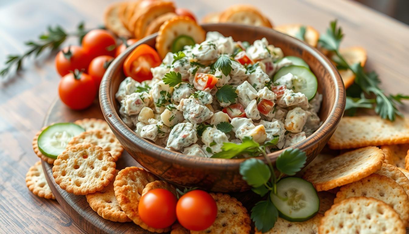 Healthy Chicken Salad Chick recipe with fresh ingredients, served in a bowl, garnished with herbs and ready to enjoy