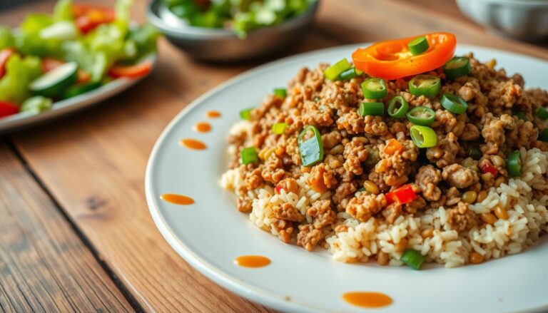 Plate of ground turkey and rice garnished with fresh herbs, served on a wooden table