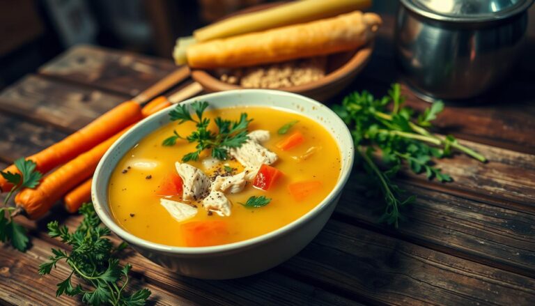 Bowl of comforting turkey soup with vegetables, served with a slice of bread