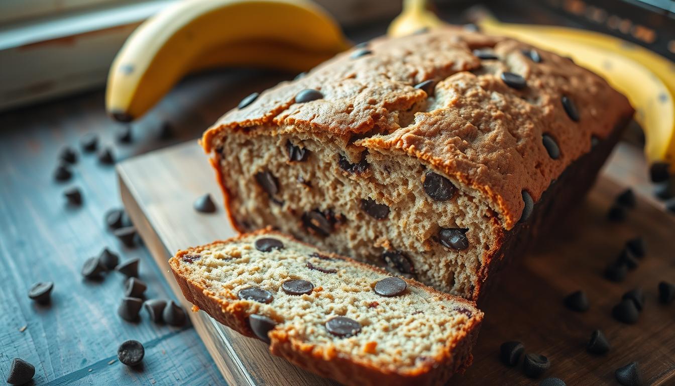 "A slice of moist and delicious chocolate chip banana bread with melted chocolate chunks