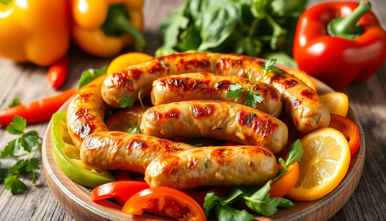 Homemade turkey sausage served on a plate with fresh herbs and spices