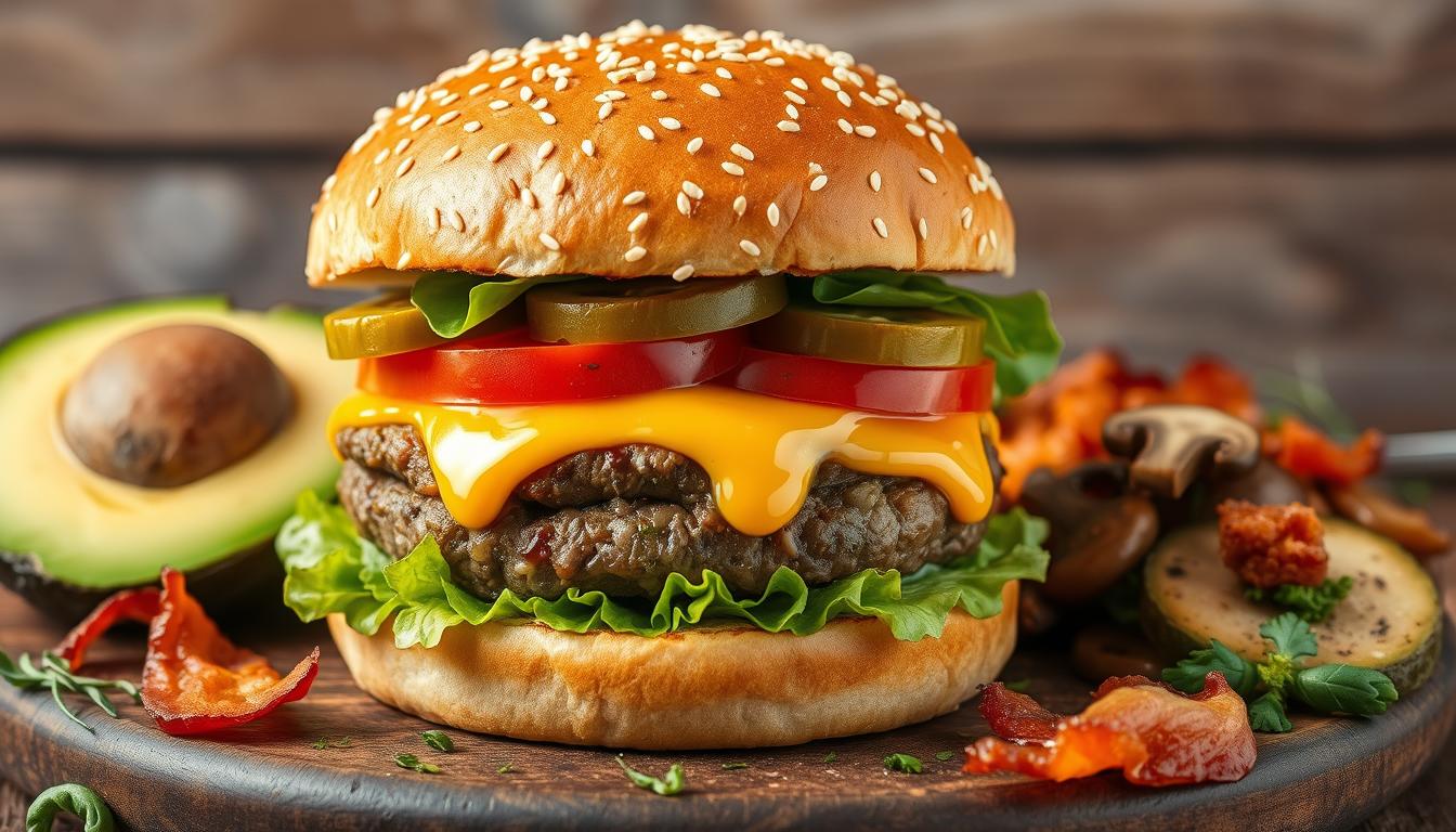 A delicious, perfectly cooked hamburger stacked with a juicy beef patty, melted cheese, fresh lettuce, tomato slices, pickles, and a toasted sesame seed bun, all drizzled with a flavorful sauce. The burger is presented on a wooden plate with a side of crispy golden fries.